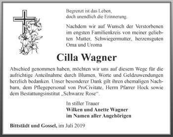 Traueranzeige von Cilla Wagner von Thüringer Allgemeine