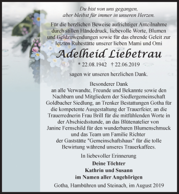 Traueranzeige von Adelheid Liebetrau von Ostthüringer Zeitung, Thüringische Landeszeitung