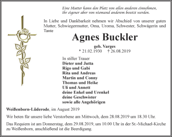 Traueranzeige von Agnes Buckler von Thüringer Allgemeine