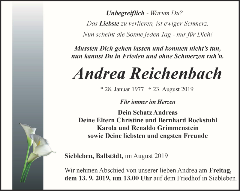  Traueranzeige für Andrea Reichenbach vom 30.08.2019 aus Ostthüringer Zeitung, Thüringische Landeszeitung