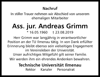 Traueranzeige von Andreas Grimm von Thüringer Allgemeine, Thüringische Landeszeitung