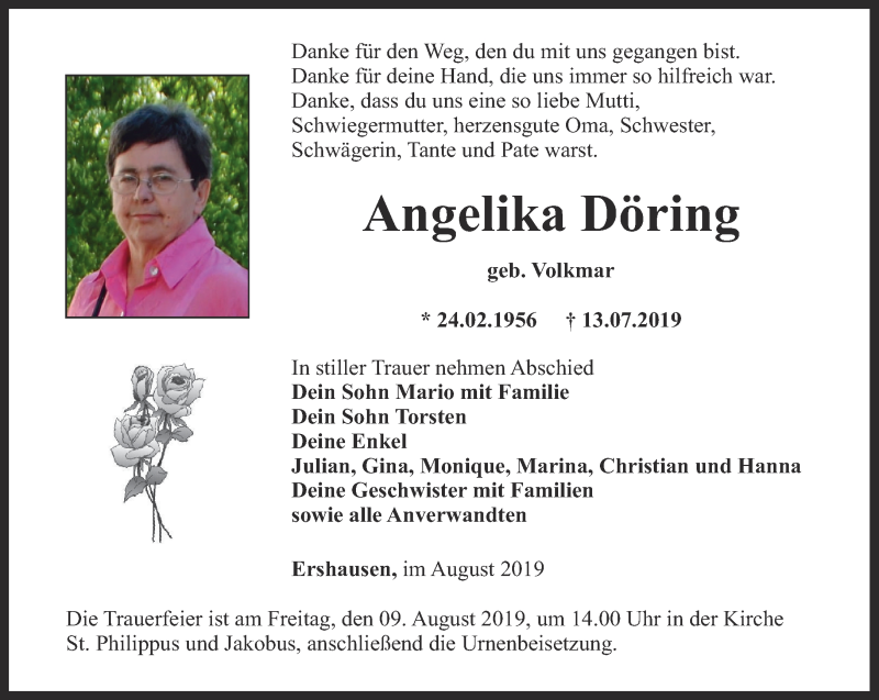  Traueranzeige für Angelika Döring vom 06.08.2019 aus Thüringer Allgemeine