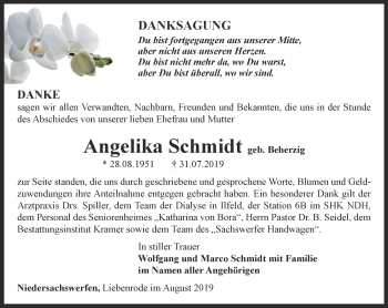 Traueranzeige von Angelika Schmidt von Thüringer Allgemeine