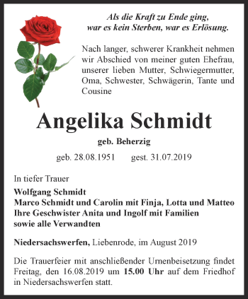 Traueranzeige von Angelika Schmidt von Thüringer Allgemeine