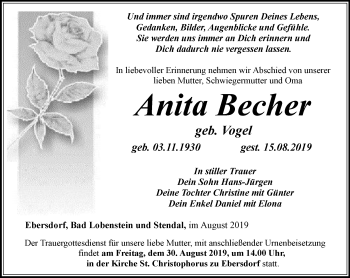 Traueranzeige von Anita Becher von Ostthüringer Zeitung