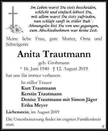 Traueranzeige von Anita Trautmann von Thüringer Allgemeine