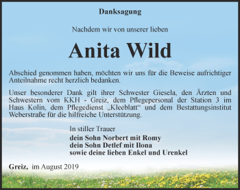 Traueranzeige von Anita Wild