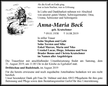 Traueranzeige von Anna-Maria Bock von Ostthüringer Zeitung