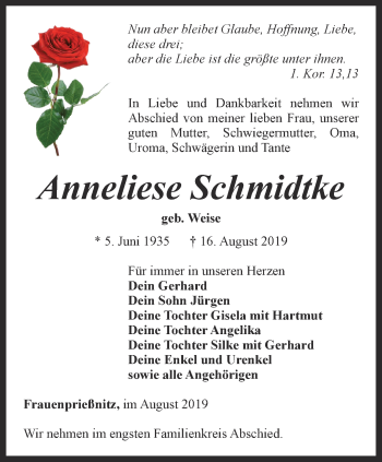 Traueranzeige von Anneliese Schmidtke von Ostthüringer Zeitung, Thüringische Landeszeitung