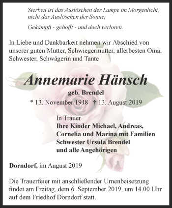 Traueranzeige von Annemarie Hänsch von Ostthüringer Zeitung, Thüringische Landeszeitung
