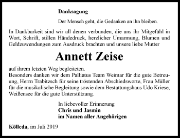 Traueranzeige von Annett Zeise von Thüringer Allgemeine