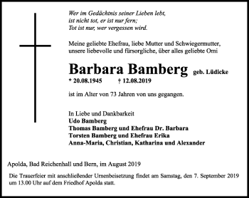 Traueranzeige von Barbara Bamberg von Thüringer Allgemeine, Thüringische Landeszeitung