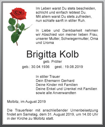 Traueranzeige von Brigitta Kolb von Ostthüringer Zeitung