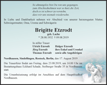 Traueranzeige von Brigitte Etzrodt von Thüringer Allgemeine