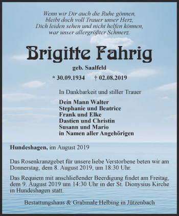 Traueranzeige von Brigitte Fahrig von Thüringer Allgemeine