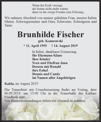 Traueranzeige von Brunhilde Fischer von Ostthüringer Zeitung, Thüringische Landeszeitung