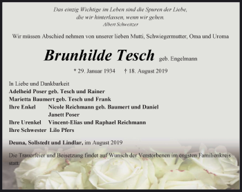 Traueranzeige von Brunhilde Tesch von Thüringer Allgemeine