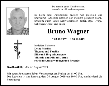 Traueranzeige von Bruno Wagner von Thüringer Allgemeine