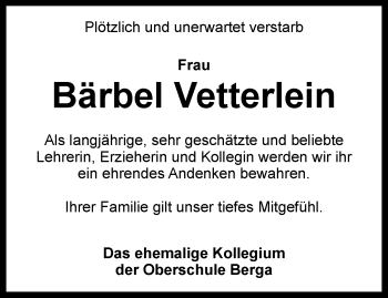 Traueranzeige von Bärbel Vetterlein