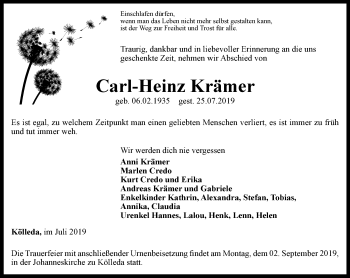 Traueranzeige von Carl-Heinz Krämer von Thüringer Allgemeine