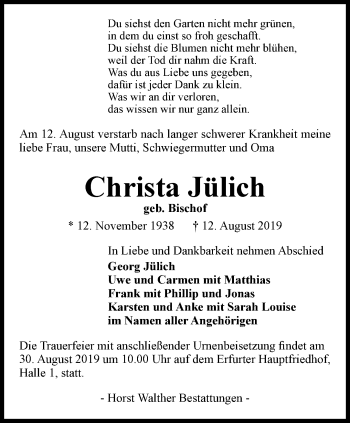 Traueranzeige von Christa Jülich