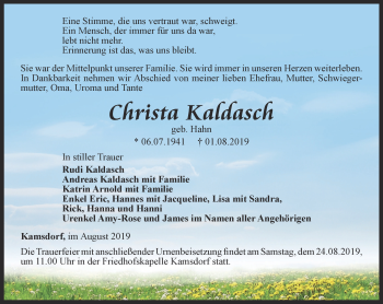 Traueranzeige von Christa Kaldasch von Ostthüringer Zeitung