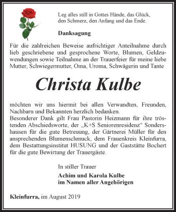 Traueranzeige von Christa Kulbe von Thüringer Allgemeine