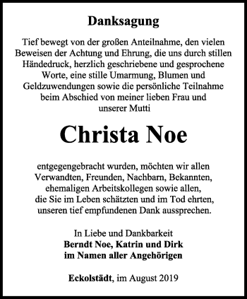 Traueranzeige von Christa Noe von Thüringer Allgemeine, Thüringische Landeszeitung