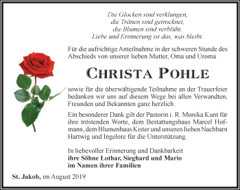 Traueranzeige von Christa Pohle von Ostthüringer Zeitung