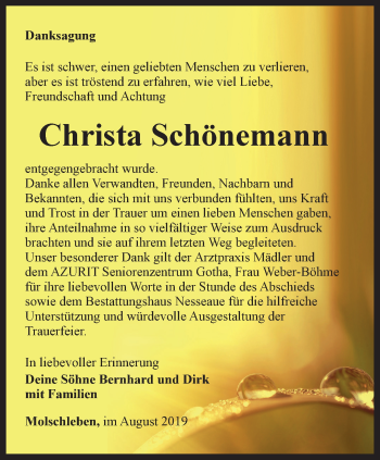 Traueranzeige von Christa Schönemann von Ostthüringer Zeitung, Thüringische Landeszeitung