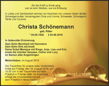 Traueranzeige von Christa Schönemann von Ostthüringer Zeitung, Thüringische Landeszeitung