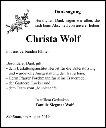 Traueranzeige von Christa Wolf von Thüringer Allgemeine, Thüringische Landeszeitung