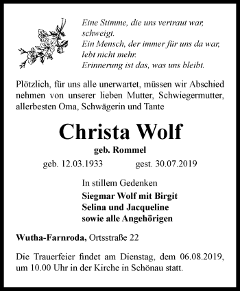 Traueranzeige von Christa Wolf von Thüringer Allgemeine, Thüringische Landeszeitung