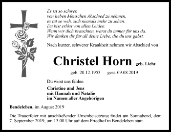 Traueranzeige von Christel Horn von Thüringer Allgemeine