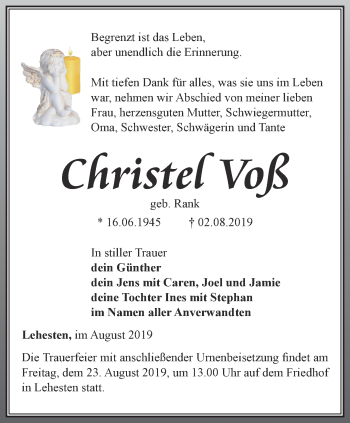 Traueranzeige von Christel Voß von Ostthüringer Zeitung