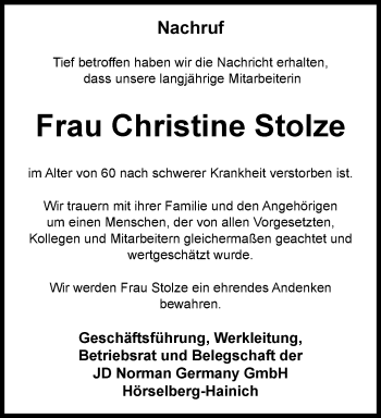 Traueranzeige von Christine Stolze von Thüringer Allgemeine, Thüringische Landeszeitung