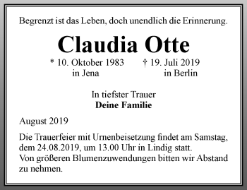 Traueranzeige von Claudia Otte von Ostthüringer Zeitung, Thüringische Landeszeitung