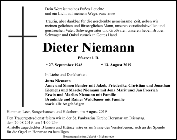 Traueranzeige von Dieter Niemann von Thüringer Allgemeine, Thüringische Landeszeitung