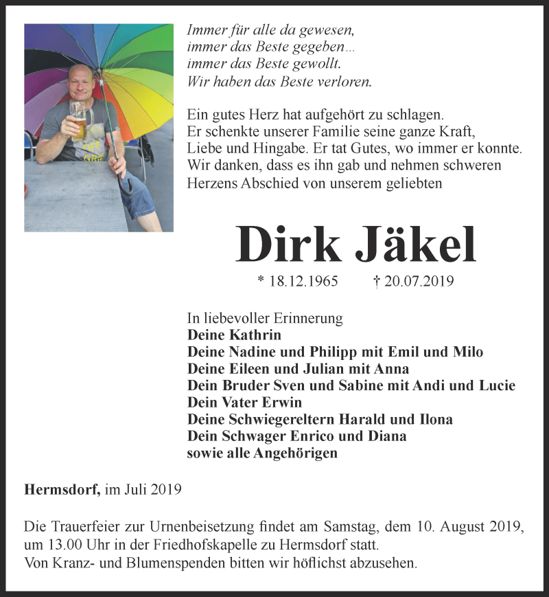 Traueranzeige für Dirk Jäkel vom 03.08.2019 aus Ostthüringer Zeitung