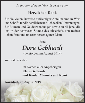 Traueranzeige von Dora Gebhardt von Ostthüringer Zeitung