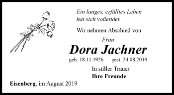 Traueranzeige von Dora Jachner von Ostthüringer Zeitung