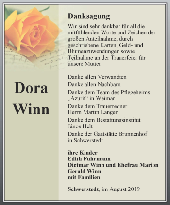 Traueranzeige von Dora Winn von Thüringer Allgemeine, Thüringische Landeszeitung