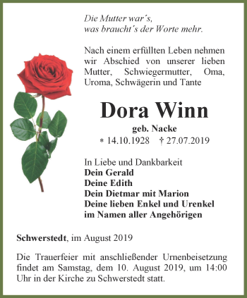 Traueranzeige von Dora Winn von Thüringer Allgemeine, Thüringische Landeszeitung