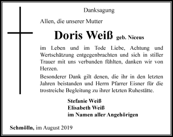 Traueranzeige von Doris Weiß von Ostthüringer Zeitung