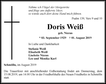 Traueranzeige von Doris Weiß von Ostthüringer Zeitung