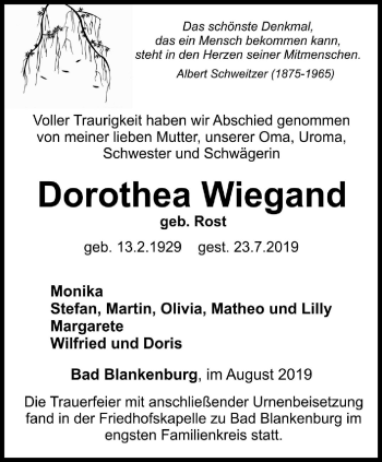 Traueranzeige von Dorothea Wiegand von Ostthüringer Zeitung