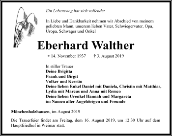 Traueranzeige von Eberhard Walther von Thüringer Allgemeine, Thüringische Landeszeitung