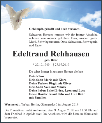 Traueranzeige von Edeltraud Rehhausen von Thüringer Allgemeine, Thüringische Landeszeitung