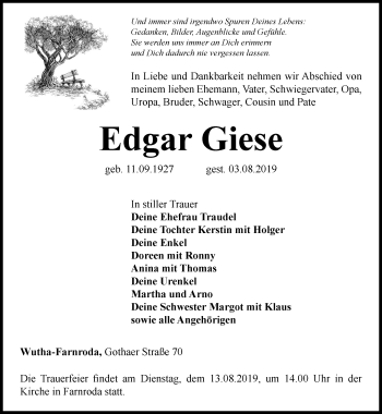 Traueranzeige von Edgar Giese von Thüringer Allgemeine, Thüringische Landeszeitung