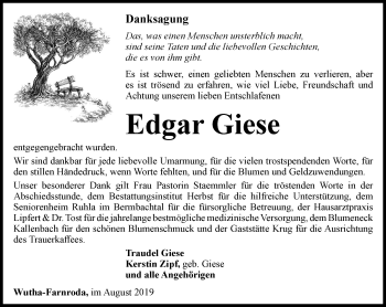 Traueranzeige von Edgar Giese von Thüringer Allgemeine, Thüringische Landeszeitung